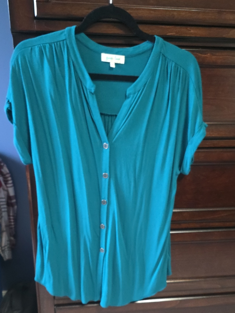 Grace & Lace Teal Button-Front Short-Sleeve Blouse